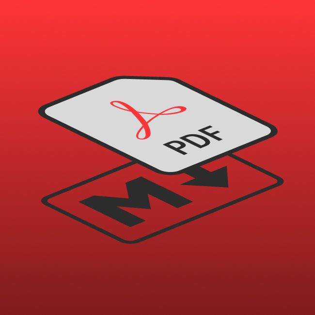 a PDF document icon hovering over a markdown icon on a red background
